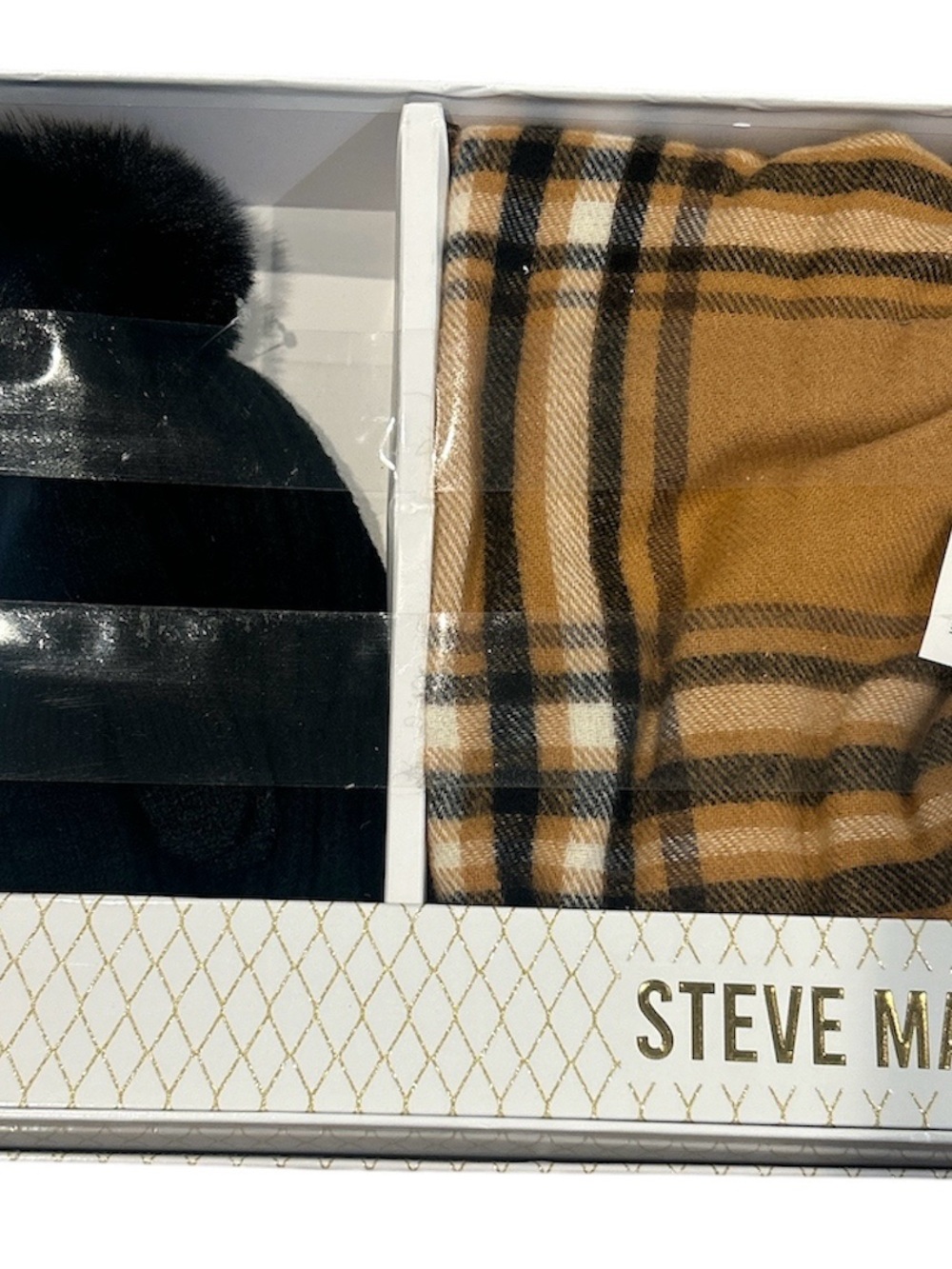 NWT Steve Madden 2-Piece Winter Gift Set – Black Pom Beanie & Plaid Scarf